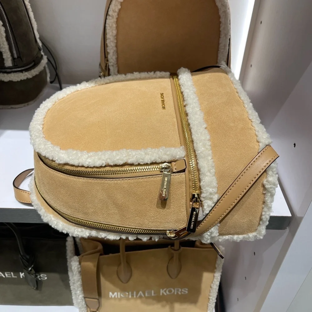 MICHAEL KORS Rhea Medium Suede and Faux Shearling Backpack Peanut  NWT